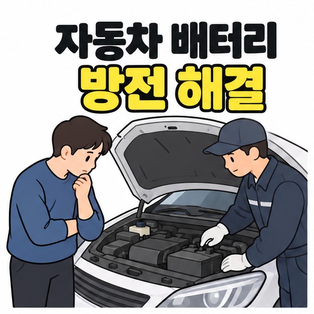 자동차 배터리 방전 해결 제목 아래 열린 후드 앞에서 운전자와 장갑을 낀 정비사가 차량 배터리 상태를 살펴보는 모습