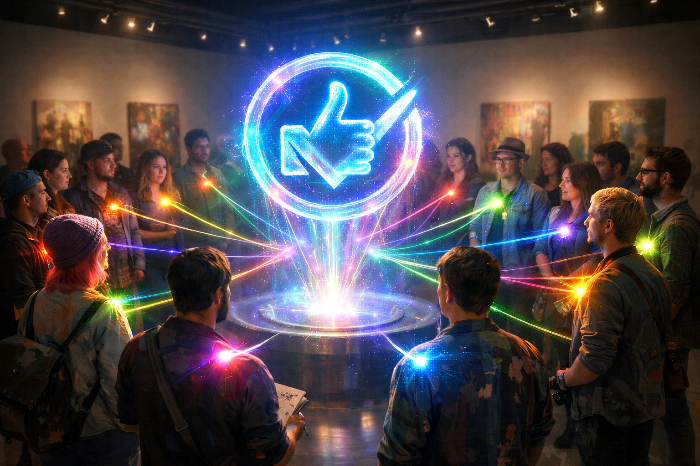 창작자들과 연결된 홀로그램 형태의 휴먼 메이드 인증 마크