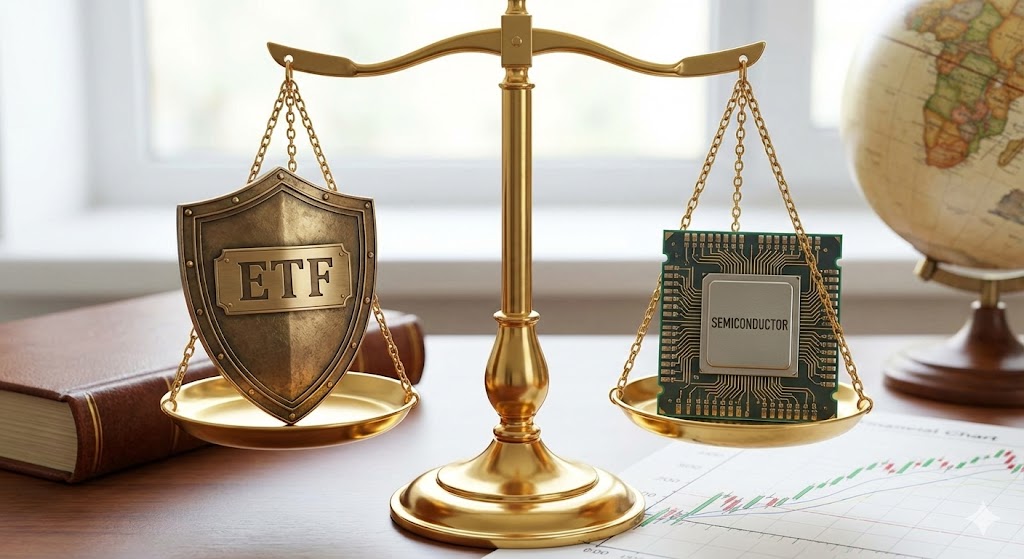 저울의 한쪽에는 'ETF(안전판)'를, 다른 한쪽에는 '반도체(수익성)'를 올려두고 균형을 맞추는 포트폴리오 이미지