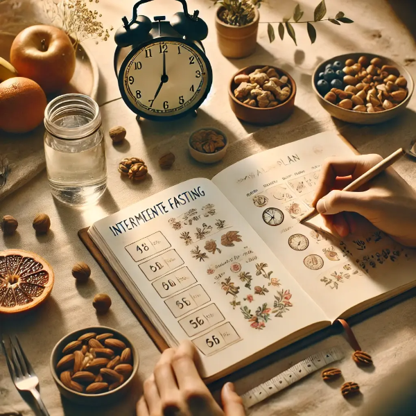 가벼운 식사와 함께 간헐적 단식 식단을 기록 중인 모습, 시계와 과일, 견과류, 물잔이 따뜻한 아침 햇살 아래 놓여 있음