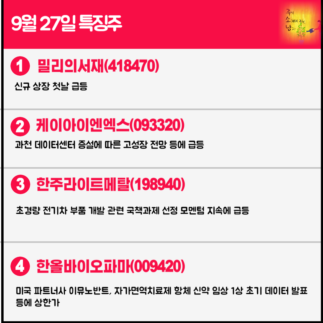 9월 27일 오늘의 특징주