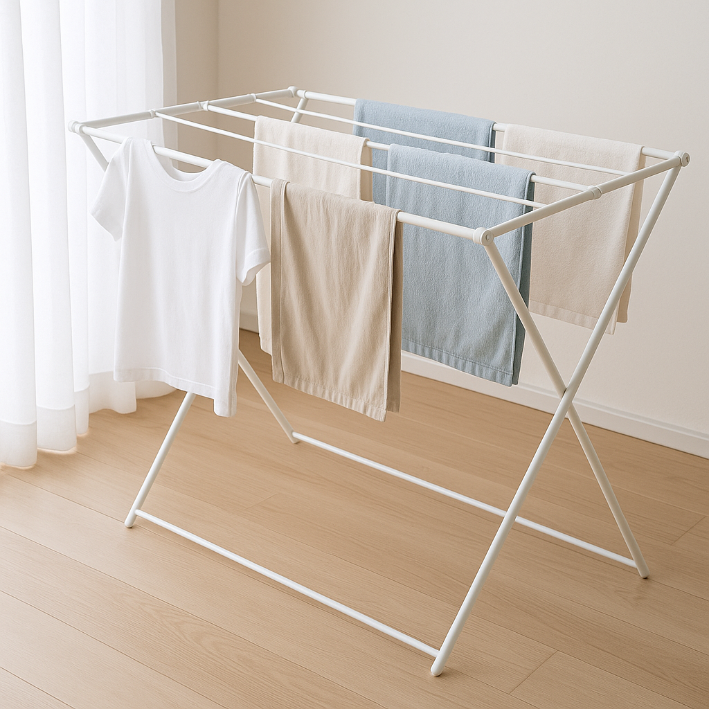 실내 건조대에 널려 있는 빨래 모습