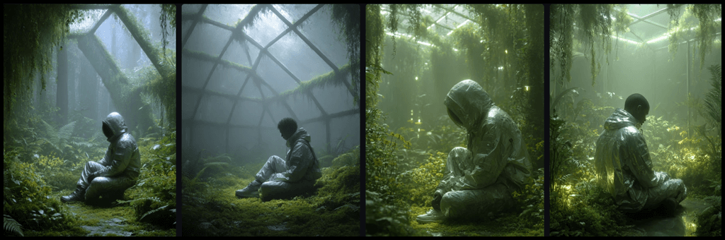 이끼 낀 온실 속 테크웨어 인물이 고요한 분위기를 연출하는 초현실적 이미지