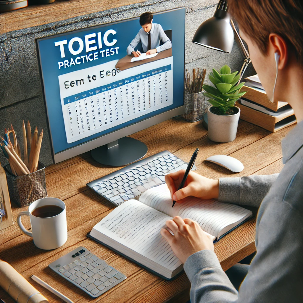 책상에서 토익 연습 시험을 보는 모습