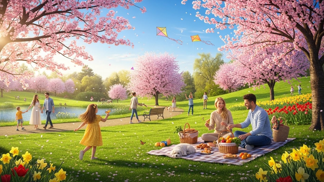 벗꽃이 활짝 핀 공원에 가족들이 모여 즐기는 모습