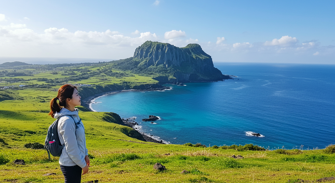 제주 올레길에서 푸른 바다와 초록 오름을 동시에 바라보는 한국인 여성 트레커의 파노라마 전경