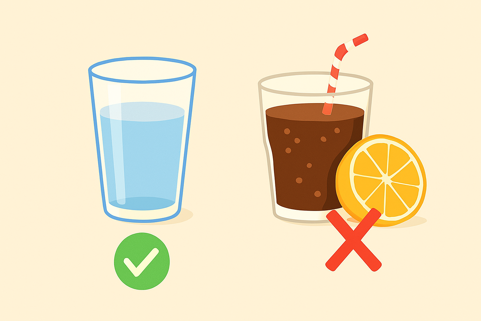 깨끗한 유리잔에 담긴 물과 옆에 놓인 커피잔 수분 보충의 차이을 상징하는 대비 이미지