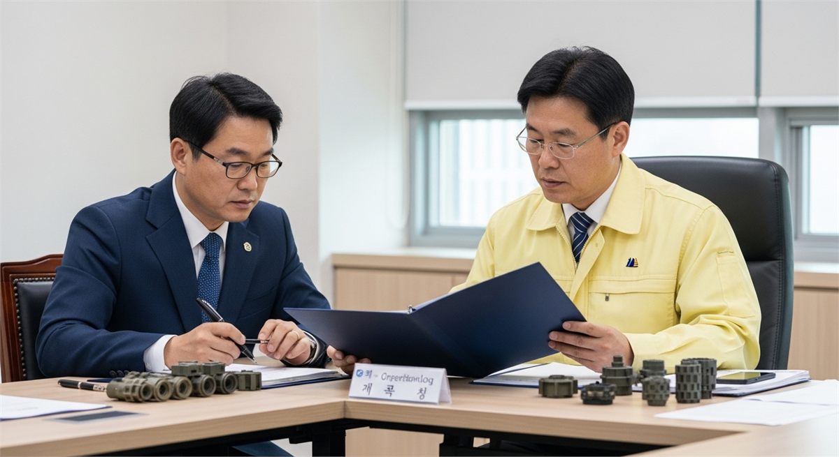수주 자료와 장비 샘플을 검토하는 회의 테이블 장면