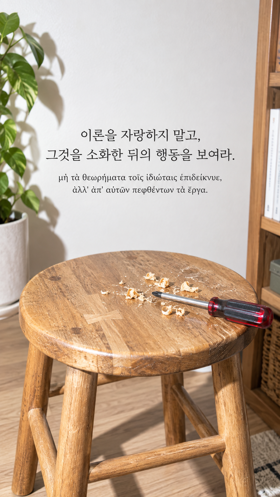 에픽테토스 명언 28 이론을 자랑하지 말고, 그것을 소화한 뒤의 행동을 보여라. — 수리된 나무 의자와 대패밥