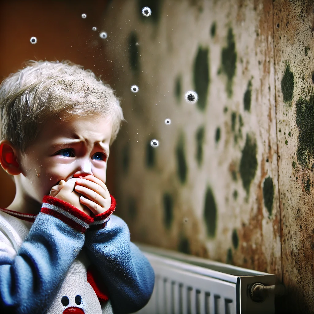 곰팡이가 핀 벽이 있는 방에서 기침하거나 코를 막고 있는 어린이