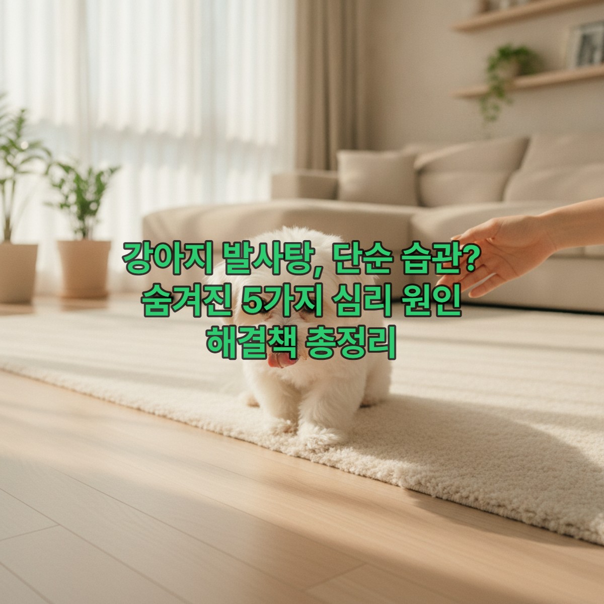 불안해 보이는 작은 강아지가 거실 바닥에서 발을 핥고 있는 모습. 주인의 손이 다가가 위로하려 한다.