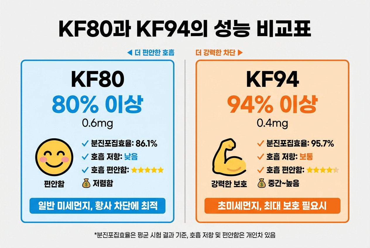Alt 태그: "KF80과 KF94 마스크 성능 비교표, KF80 80% 차단 KF94 94% 차단, 호흡 편안함 비교"