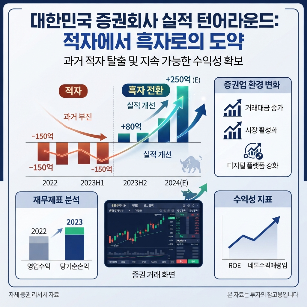 SK증권의 적자 탈출과 2026년 실적 개선 흐름을 보여주는 주가 및 재무 분석 인포그래픽