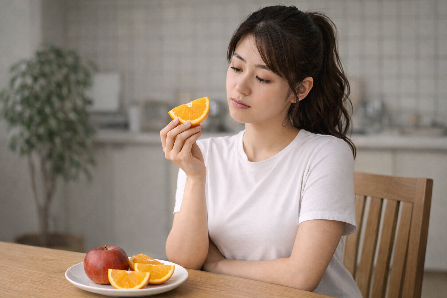 접시에 담긴 오렌지와 사과를 앞에 두고, 오렌지 한 조각을 들여다보며 과일 섭취를 고민하는 동양인 여성의 모습