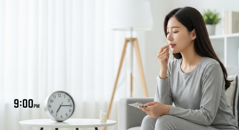 약을 복용하는 장면, 시간 엄수 강조