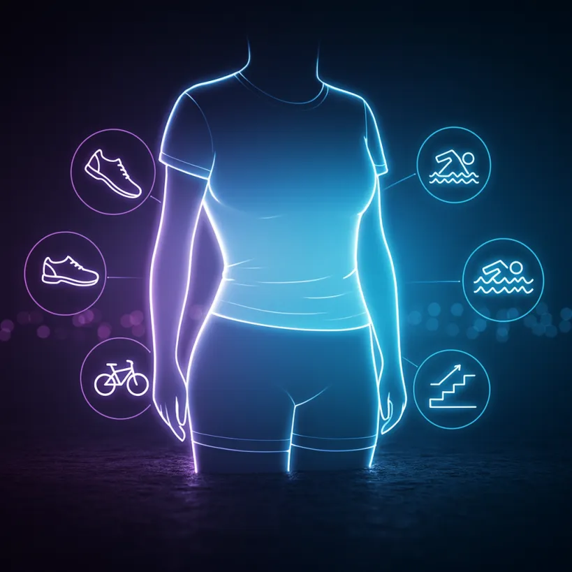 운동화, 자전거, 물결, 계단 아이콘과 함께 뱃살 감소를 표현한 컨셉 아트.