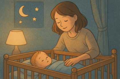 수면교육을 위해 아기를 재우는 엄마의 따뜻한 밤 풍경, 안정적인 수면 환경을 보여주는 일러스트