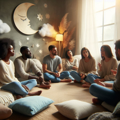 여러 사람이 모여 편안하게 앉아 있는 장면. 꿈에 대해 이야기하거나 듣고 있습니다.
