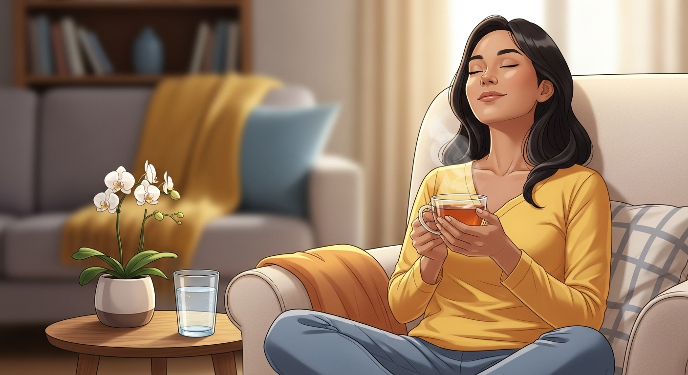 따뜻한 차를 마시며 휴식을 취하고 있는 초보 엄마의 평화로운 모습. 충분한 휴식과 수분 섭취의 중요성을 강조하는 이미지.
