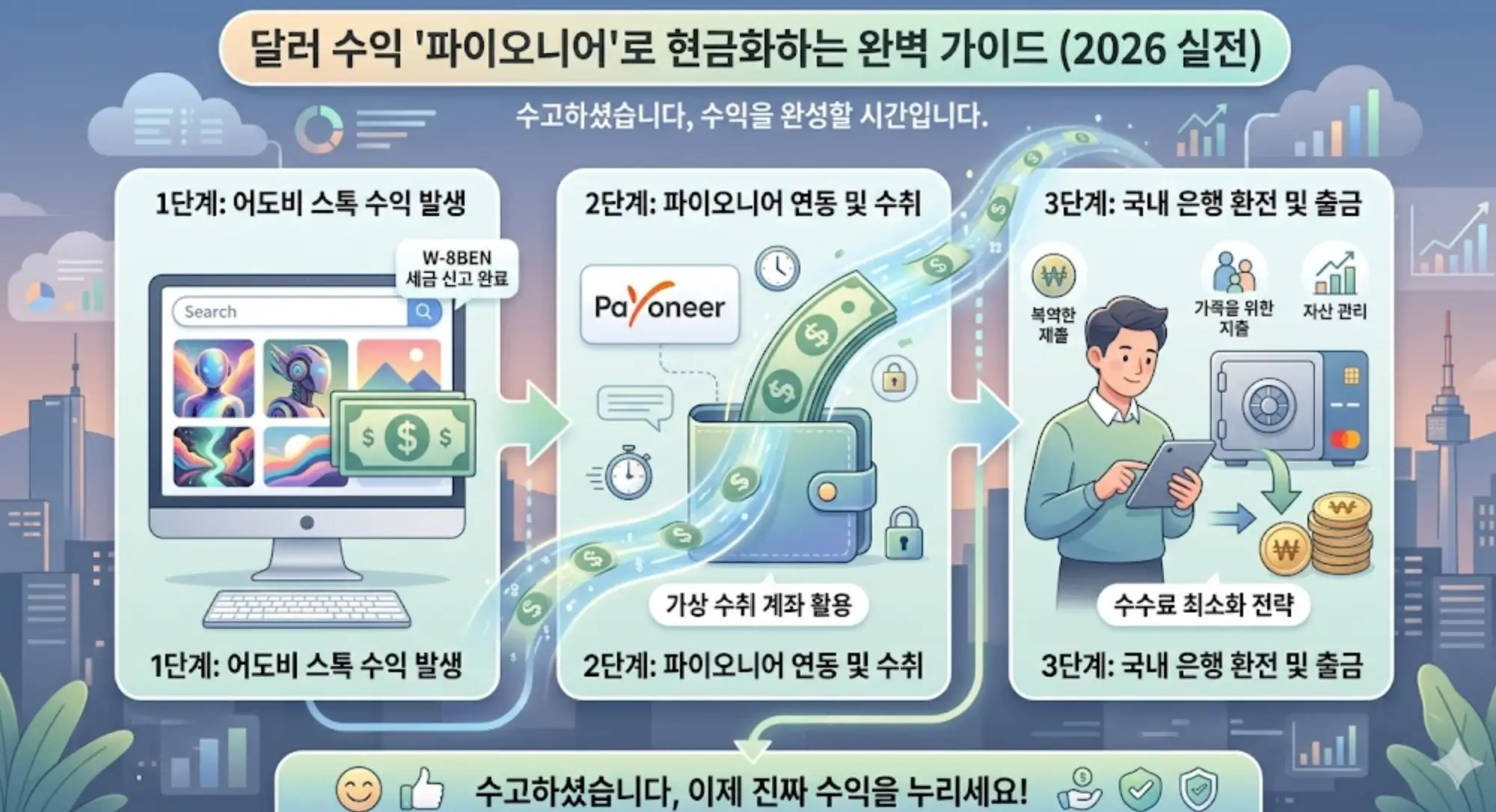 어도비 스톡 수익을 파이오니어(Payoneer)를 거쳐 한국 통장으로 현금화하는 단계를 보여주는 심플하고 부드러운 인포그래픽 이미지