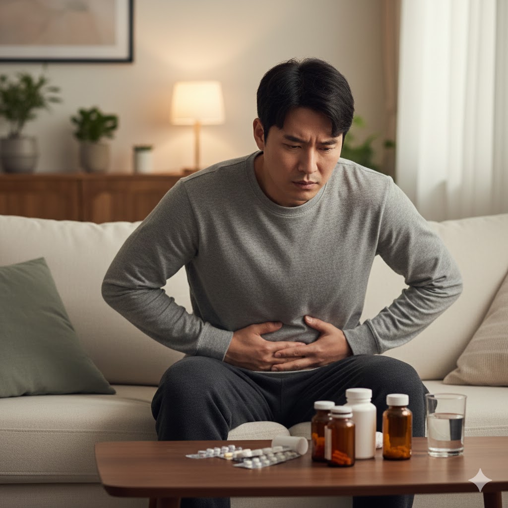 약을 먹어도 배가 아픈 남성