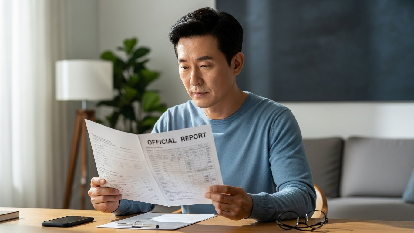 건강검진 결과표를 꼼꼼히 읽으며 자신의 건강 수치를 분석하고 해독하는 40대 남성의 모습