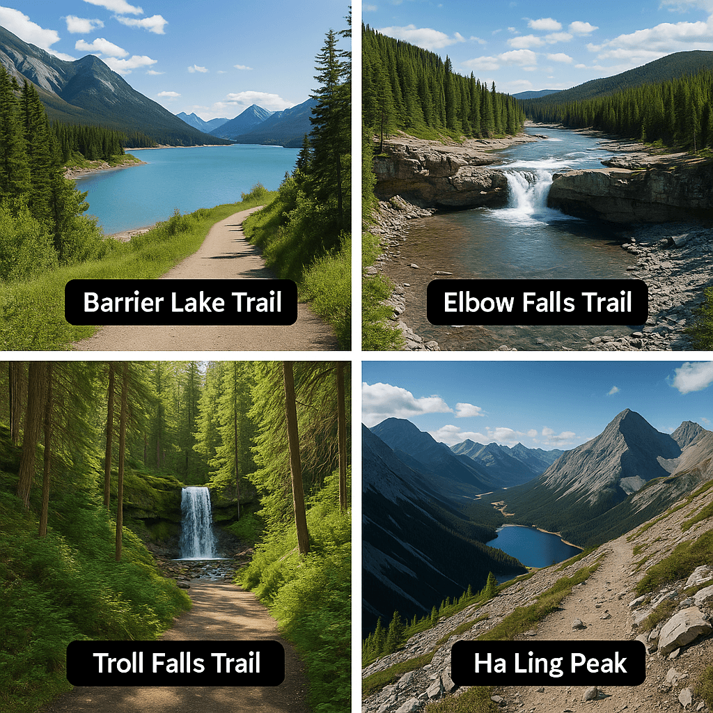 캐나다 카나나스키스 하이킹 코스를 보여주는 4분할 일러스트 – Barrier Lake, Elbow Falls, Troll Falls, Ha Ling Peak의 풍경을 사실적으로 묘사한 이미지