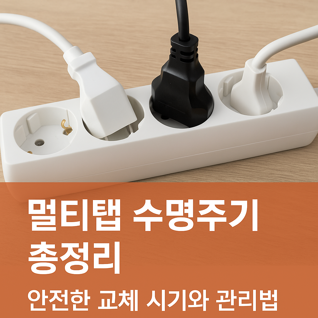 멀티탭 수명주기와 안전한 교체 시기를 안내하는 이미지, 전기 플러그가 꽂힌 흰색 멀티탭 사진 위에 주황색 배경의 한국어 제목 텍스트가 포함됨