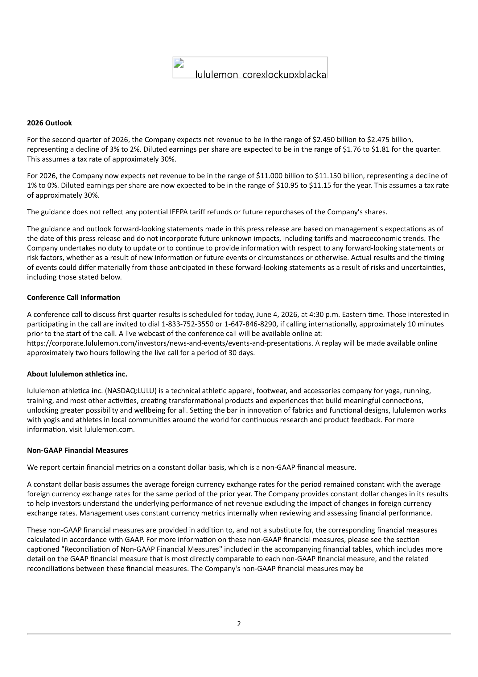 lululemon (LULU) second quarter and full year fiscal 2026 outlook (June 4, 2026 release)