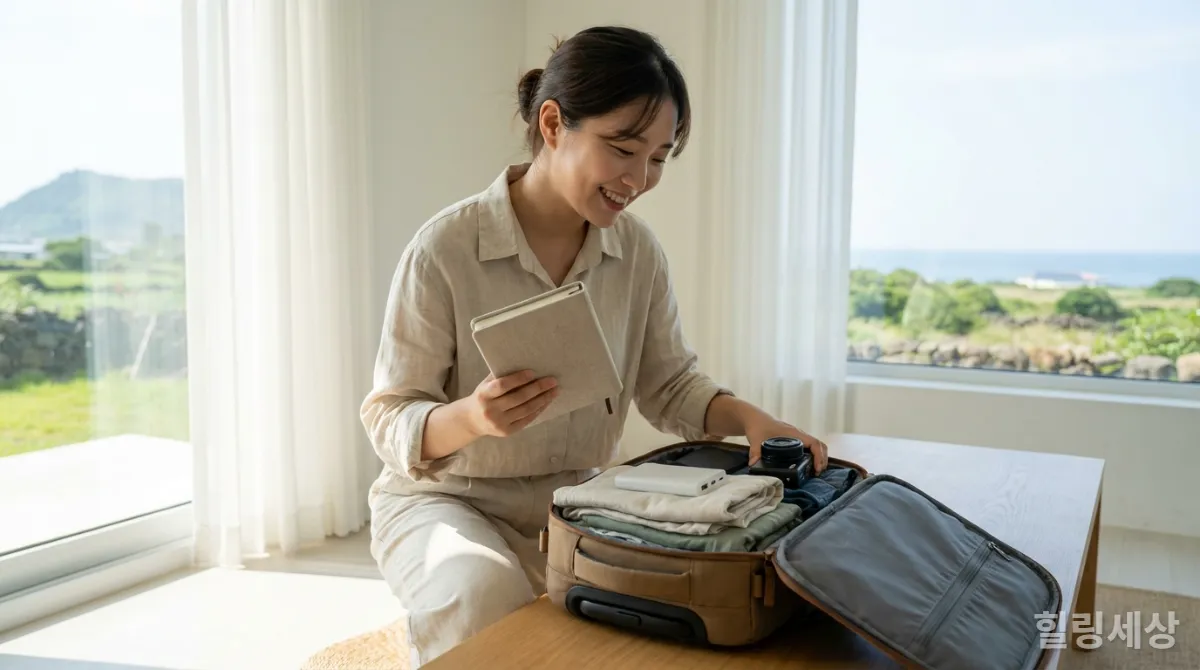 제주도 에어비앤비에서 젊은 한국 여성이 밝은 미소로 여행 가방을 꾸리는 모습