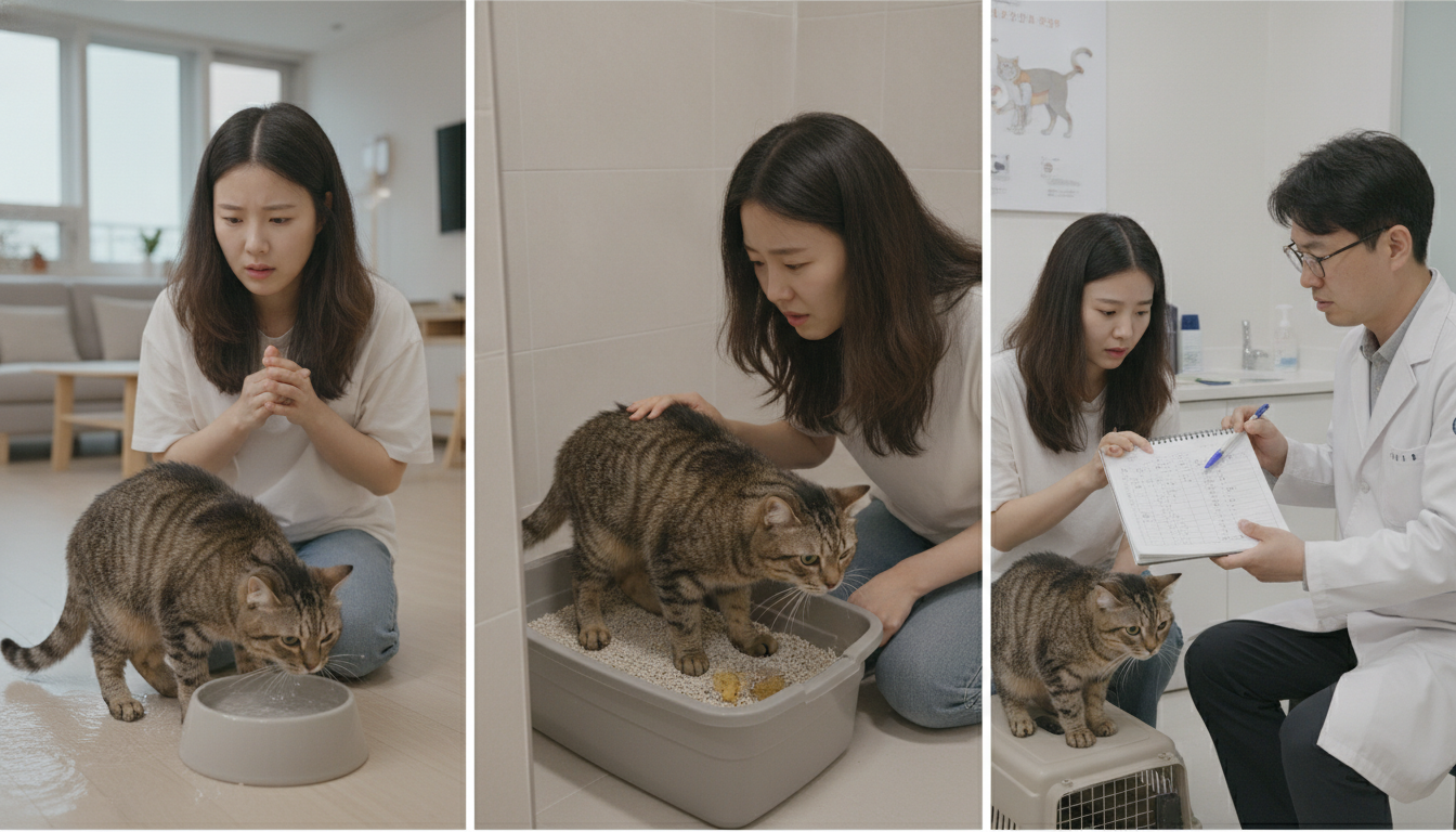 한 한국 여성이 노령묘의 과도한 음수량과 배뇨 불편함을 걱정스럽게 지켜본 후, 수의사에게 고양이의 행동 기록을 보여주며 상담하는 모습.