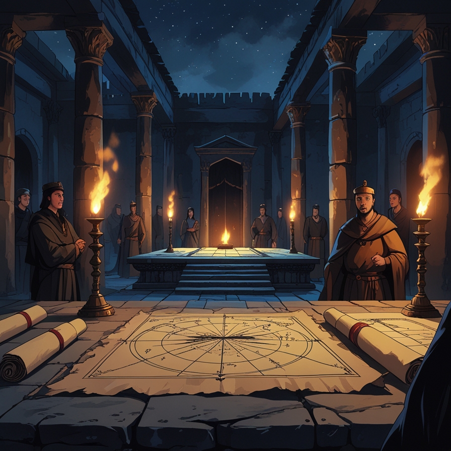 별과 관련된 소식을 듣고 불안해진 고대 왕의 정치적 긴장감을 궁전 내부 분위기로 표현한 장면