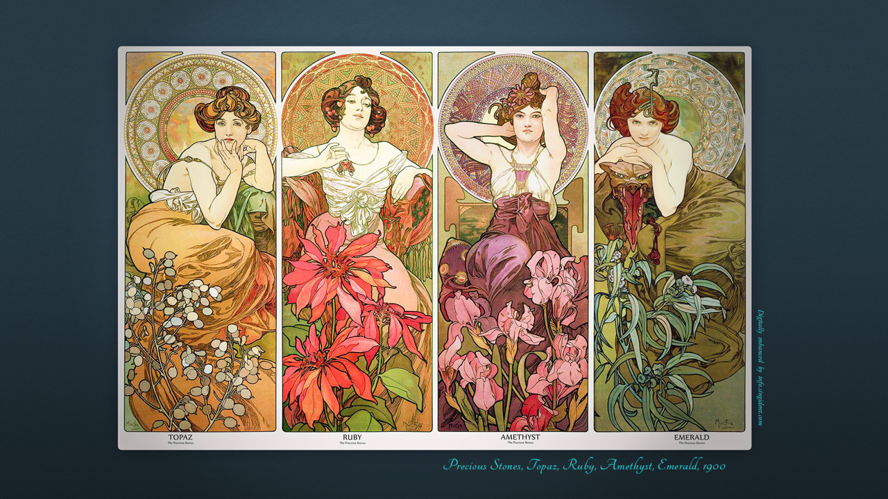 12 네 개의 보석 시리즈 C - Precious Stones, Topaz, Ruby, Amethyst, Emerald, 1900 알폰스무하배경화면