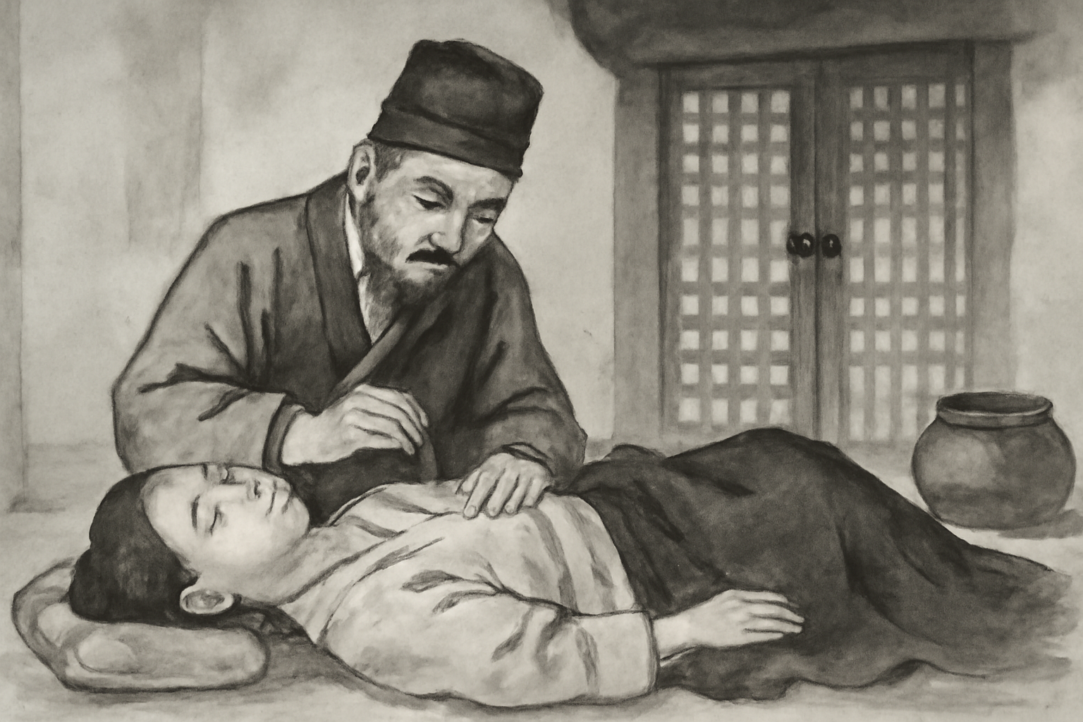 병자를 진찰하는 의원을 그린 이미지