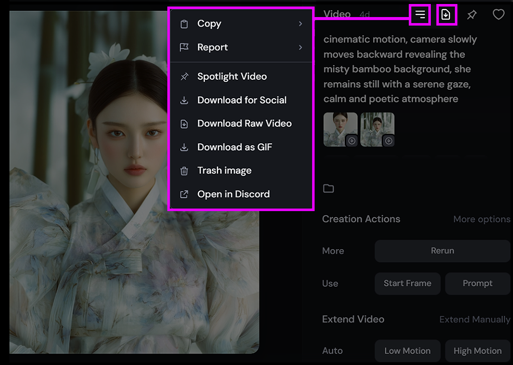 Midjourney에서 Social Media / Raw Video / GIF 등 다양한 방식으로 영상을 다운로드하는 메뉴 화면_Midjourney