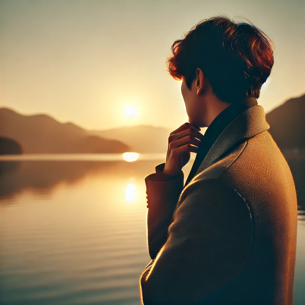 평온한 호숫가에 서서 석양을 바라보는 남성&amp;#44; 자기 수용과 자아의 가치를 상징하는 장면
