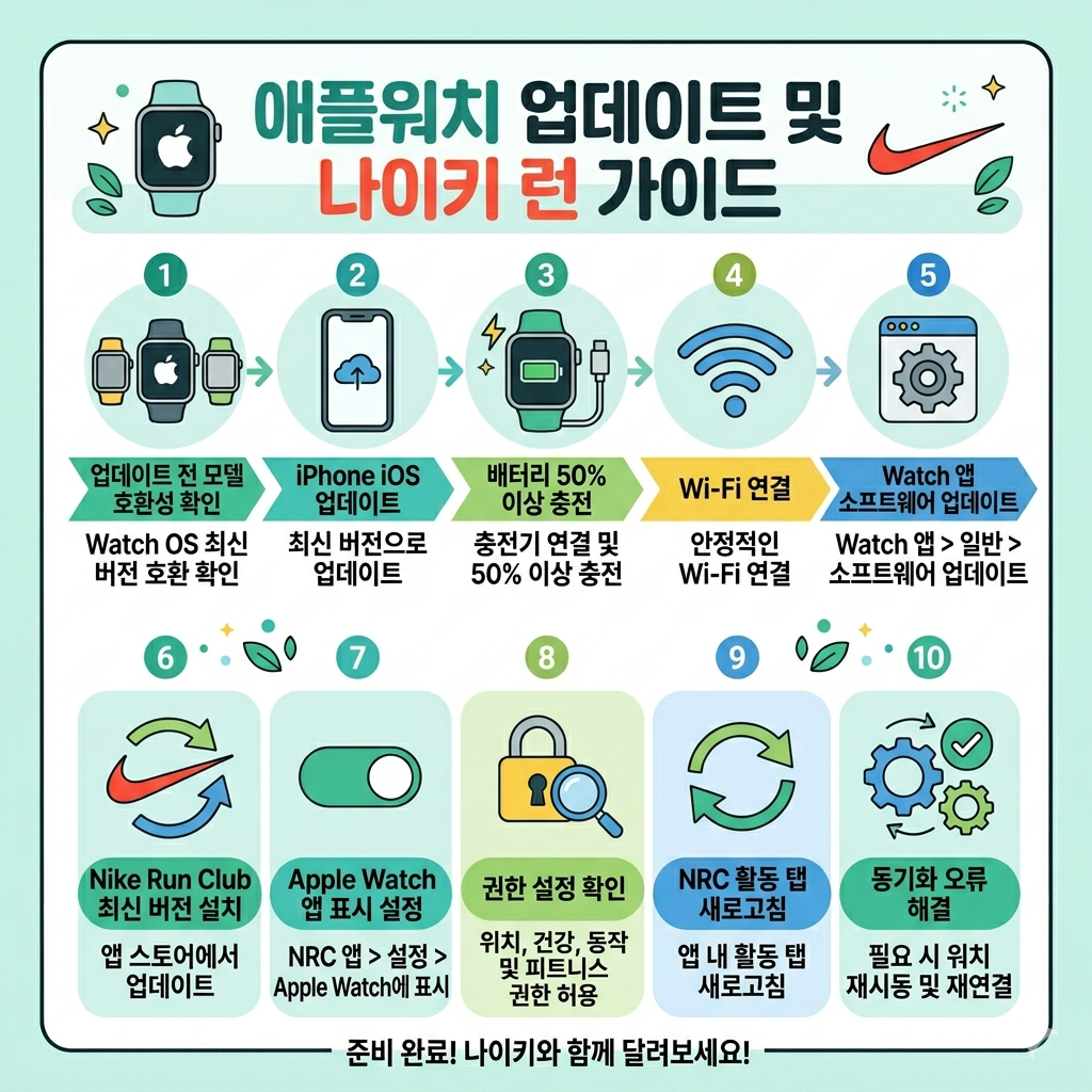애플워치 업데이트 후 나이키런 안 될 때|Nike Run Club 설치·동기화 해결 방법 인포그래픽