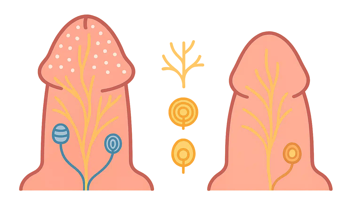 포피와 귀두의 신경 분포 비교 다이어그램 — 마이스너 소체, 배부신경, 압수용기