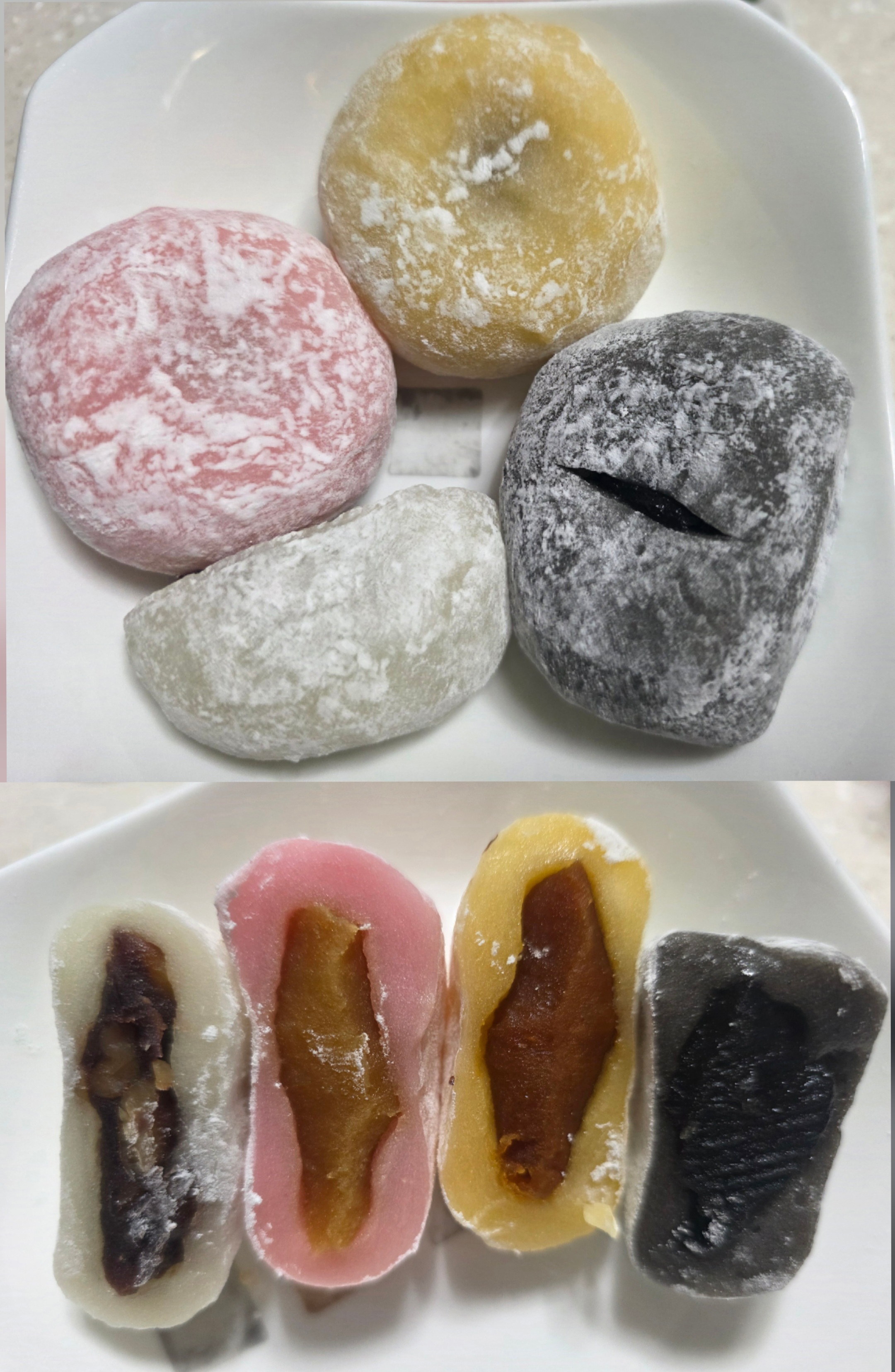 군산 이성당 앙떡 4종을 반으로 잘라 비교한 모습