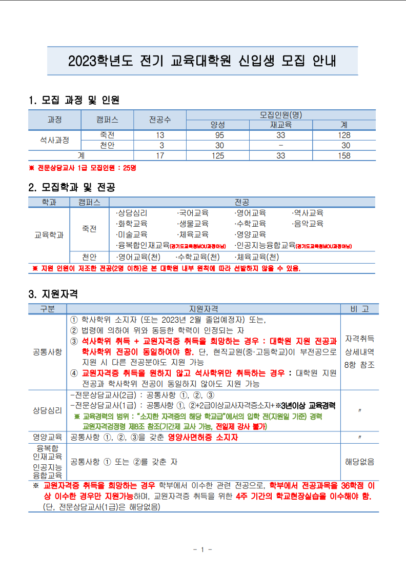 2023년 전기 단국대학교 교육대학원 모집안내