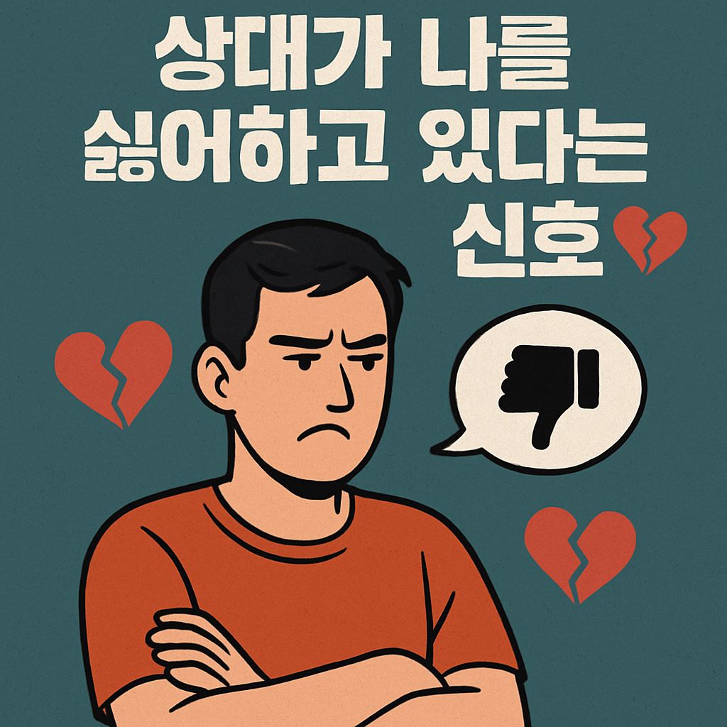 팔짱을 끼고 불만스러운 표정을 짓는 남성 캐릭터, 주변에 깨진 하트 아이콘과 싫어요(엄지손가락 아래로) 아이콘이 배치된 일러스트, ‘상대가 나를 싫어하고 있다는 신호’라는 한글 문구가 포함된 이미지