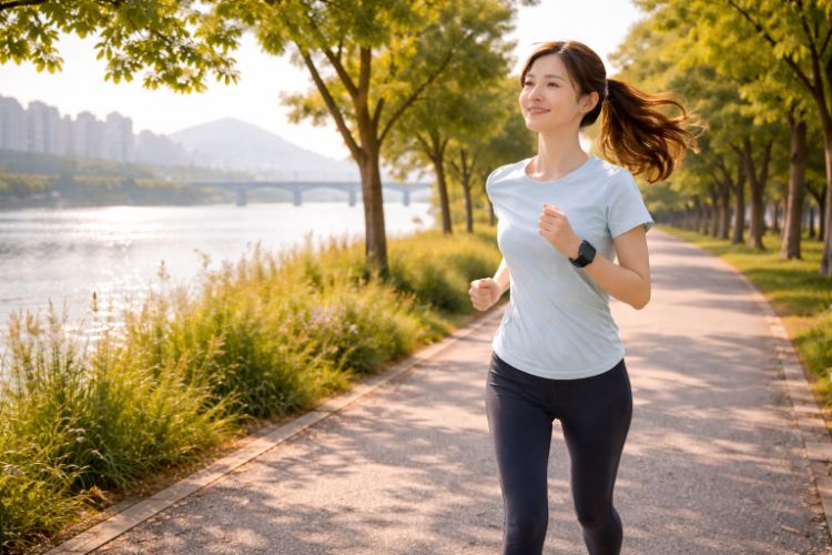 한강에서 슬로우 조깅하는 여성 모습