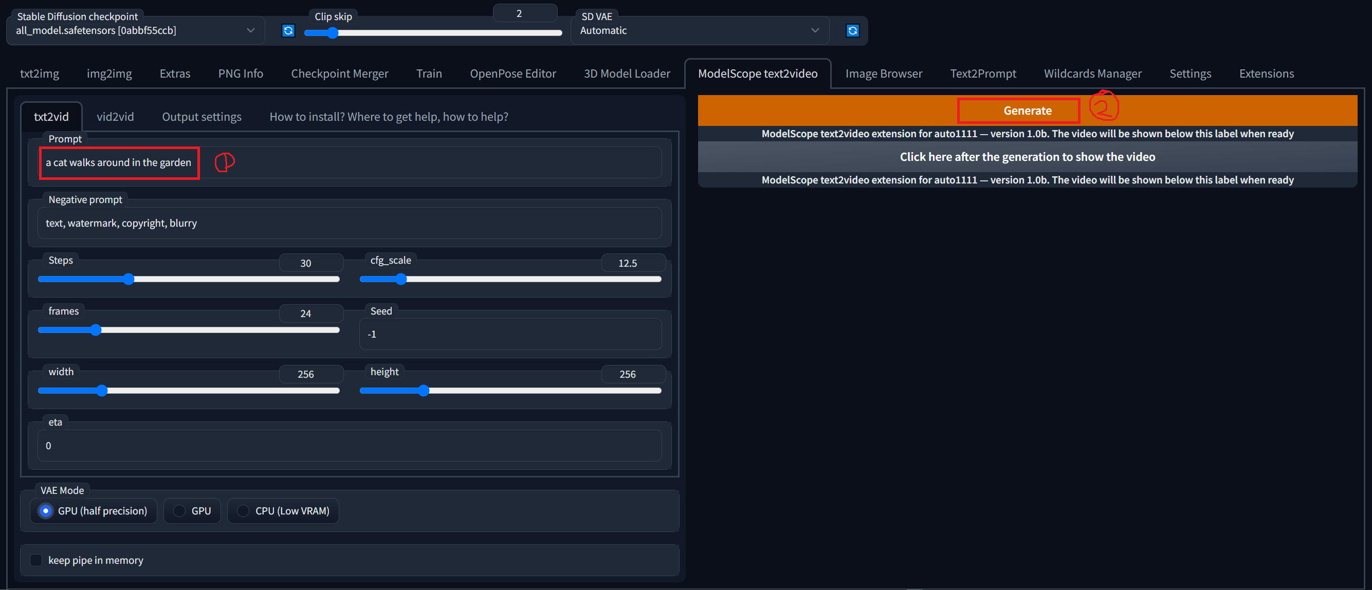 사진12-WebUI의-ModelScope-text2video-탭-클릭-화면