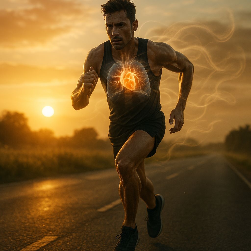 세컨드윈드 현상을 표현한 러닝 썸네일, 아침 햇살을 배경으로 도로를 달리는 러너와 빛의 궤적, 강조된 심폐 기능
