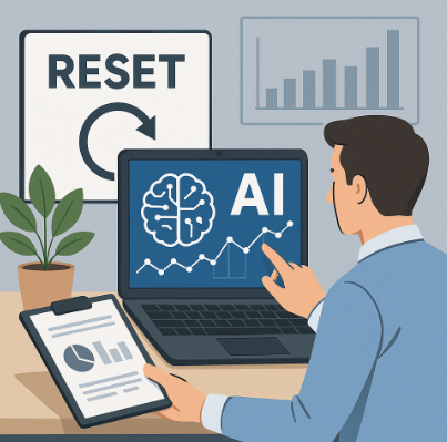 AI 기반 유지보수 시스템 데이터를 모니터링하는 전문가가 그래프와 분석 자료를 살펴보는 디지털 일러스트, 현대적인 사무 환경 배경