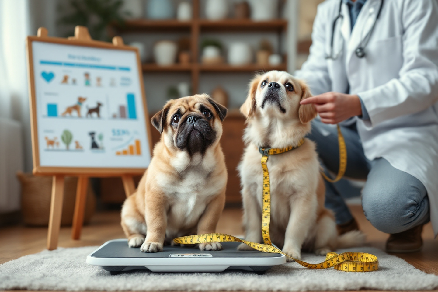 A cute, chubby dog sitting on a weight scale, looking curious.