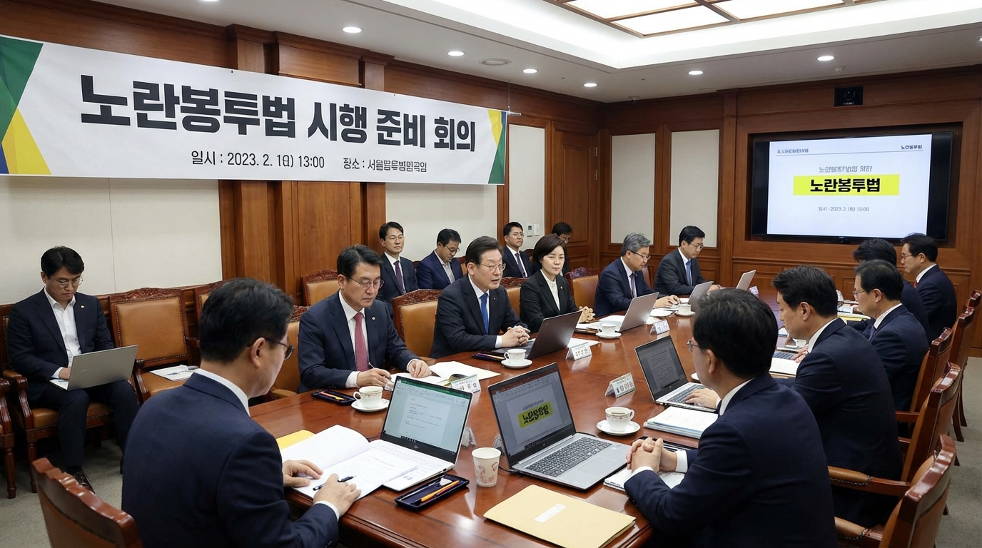 노란봉투법 시행에 대비하여 회의하는 경영진과 노사 관계자들