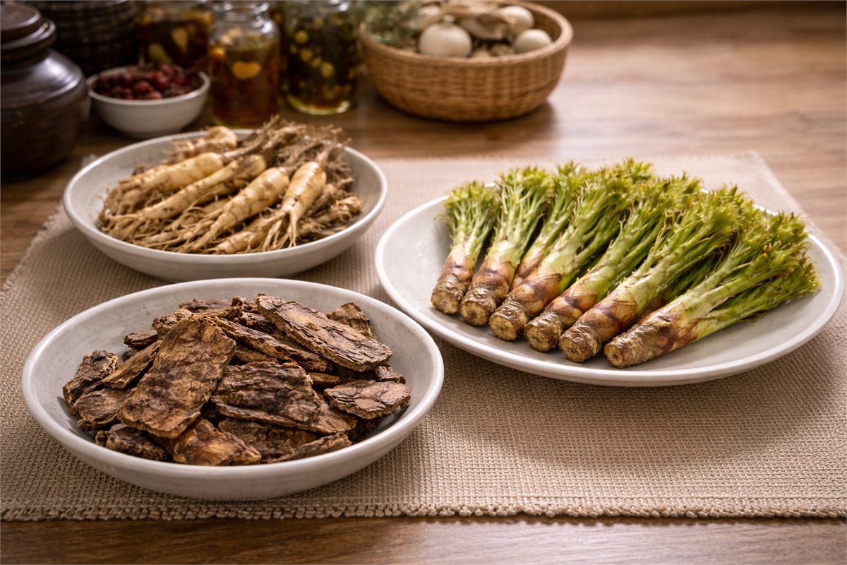 엄나무순과 껍질&amp;#44; 뿌리를 구분해 놓은 전통 활용 이미지 