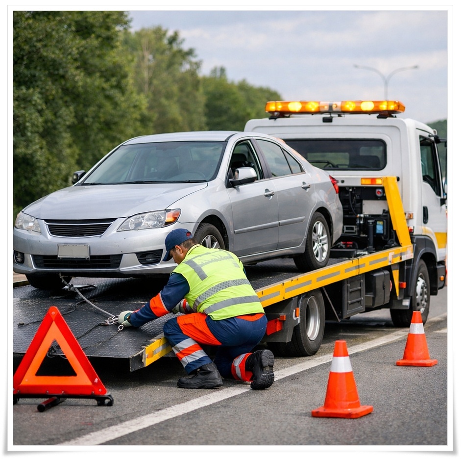견인차가 고장난 자동차를 안전하게 견인하는 긴급출동 서비스 현장 모습