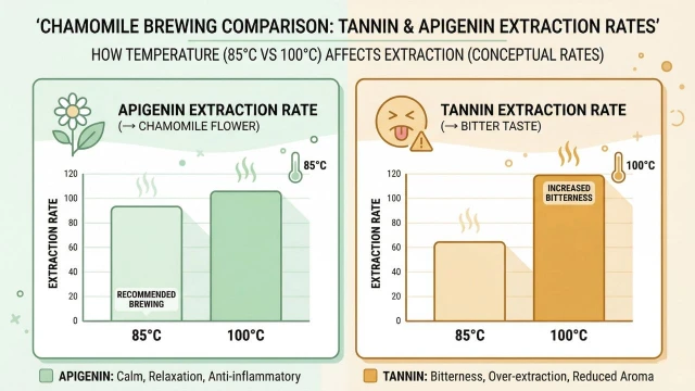 캐모마일차 온도에 따른 타닌과 아피게닌 용출량 비교 인포그래픽